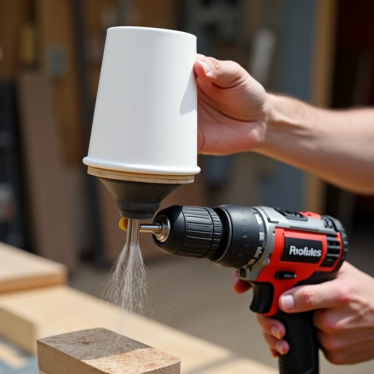 Pessoa acoplando coletor de pó feito com copo descartável à furadeira.