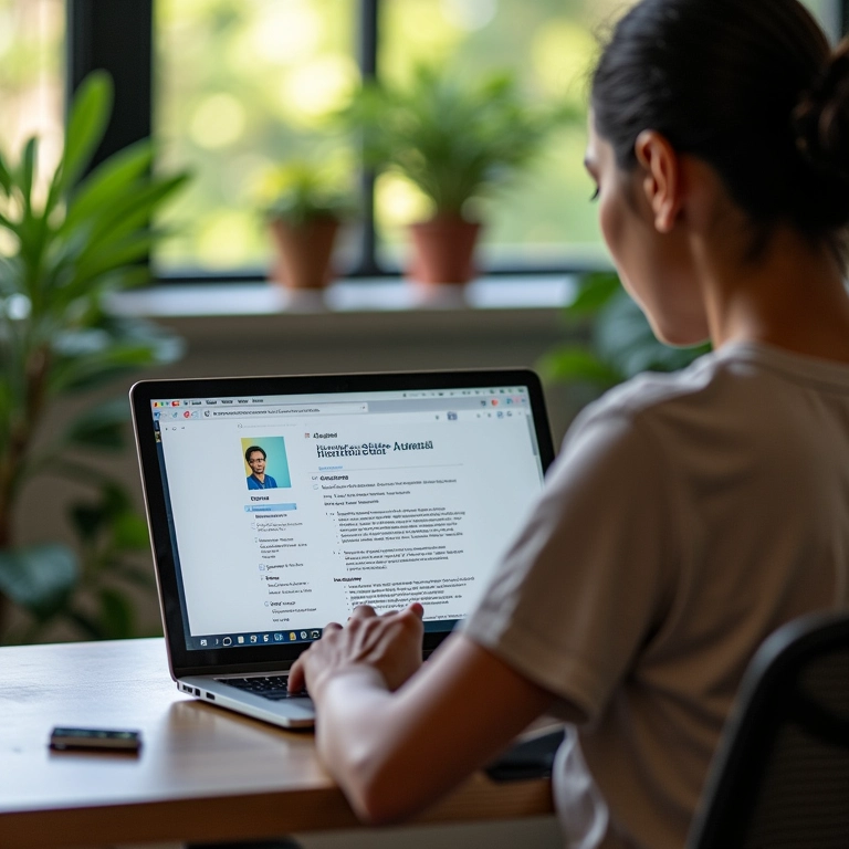 Pessoa adaptando currículo para vaga específica no laptop.