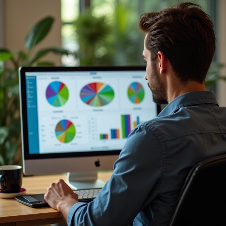 Pessoa analisando diferentes tipos de gráficos de setores em home office com decoração brasileira.