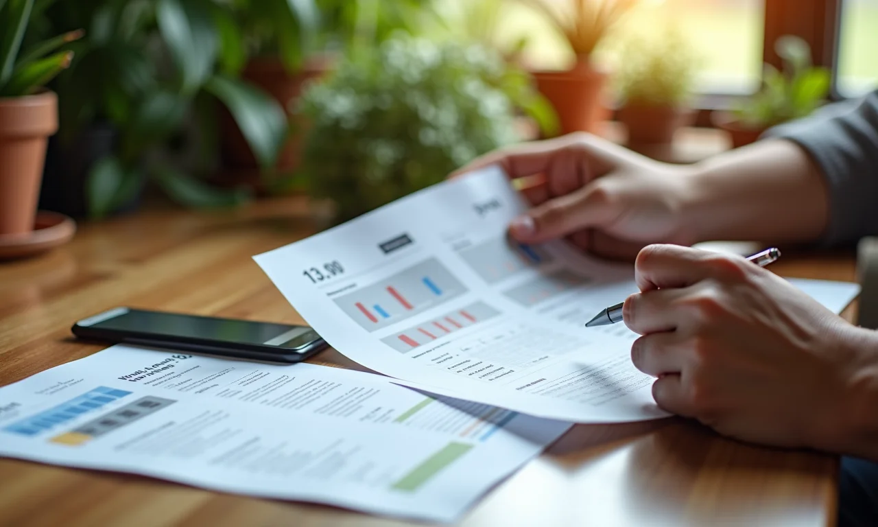 Pessoa analisando extrato do cartão de crédito e documentos bancários em mesa de madeira.