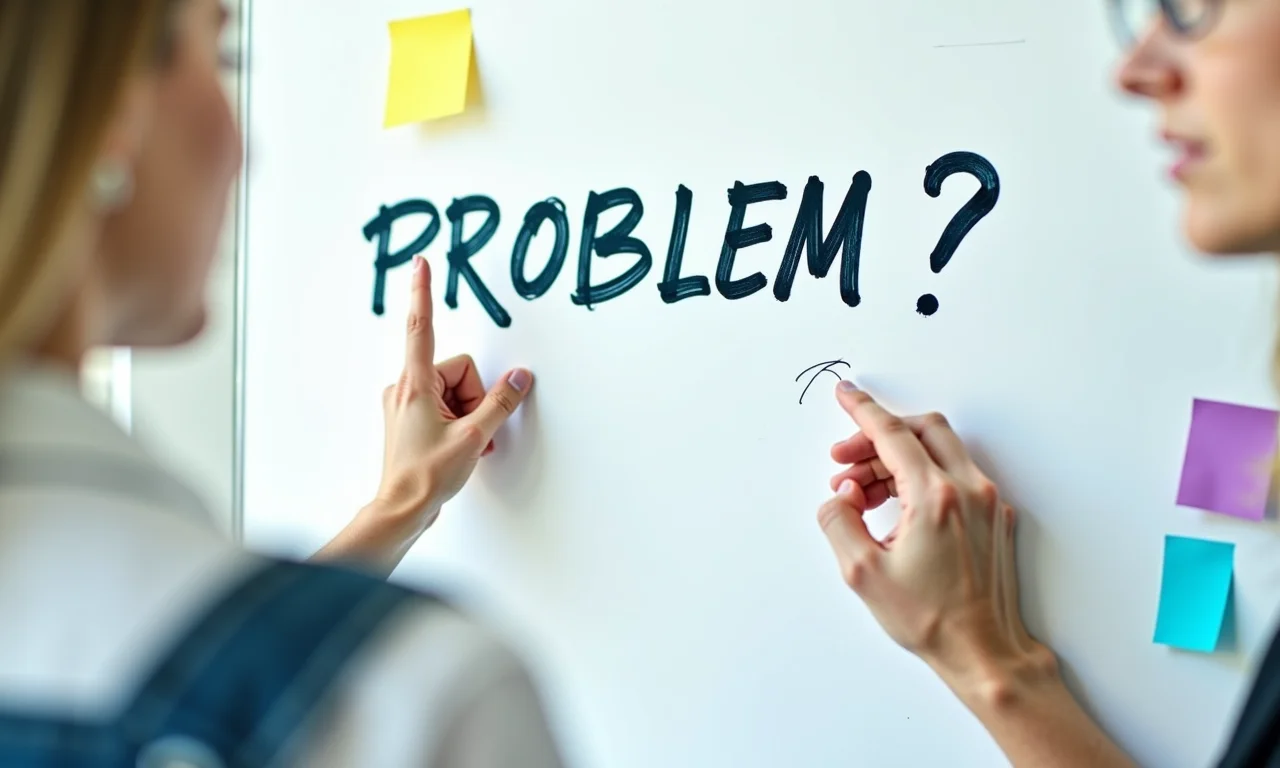 Pessoa apontando para a palavra 'PROBLEMA?' em um quadro branco, pensando no TCC.