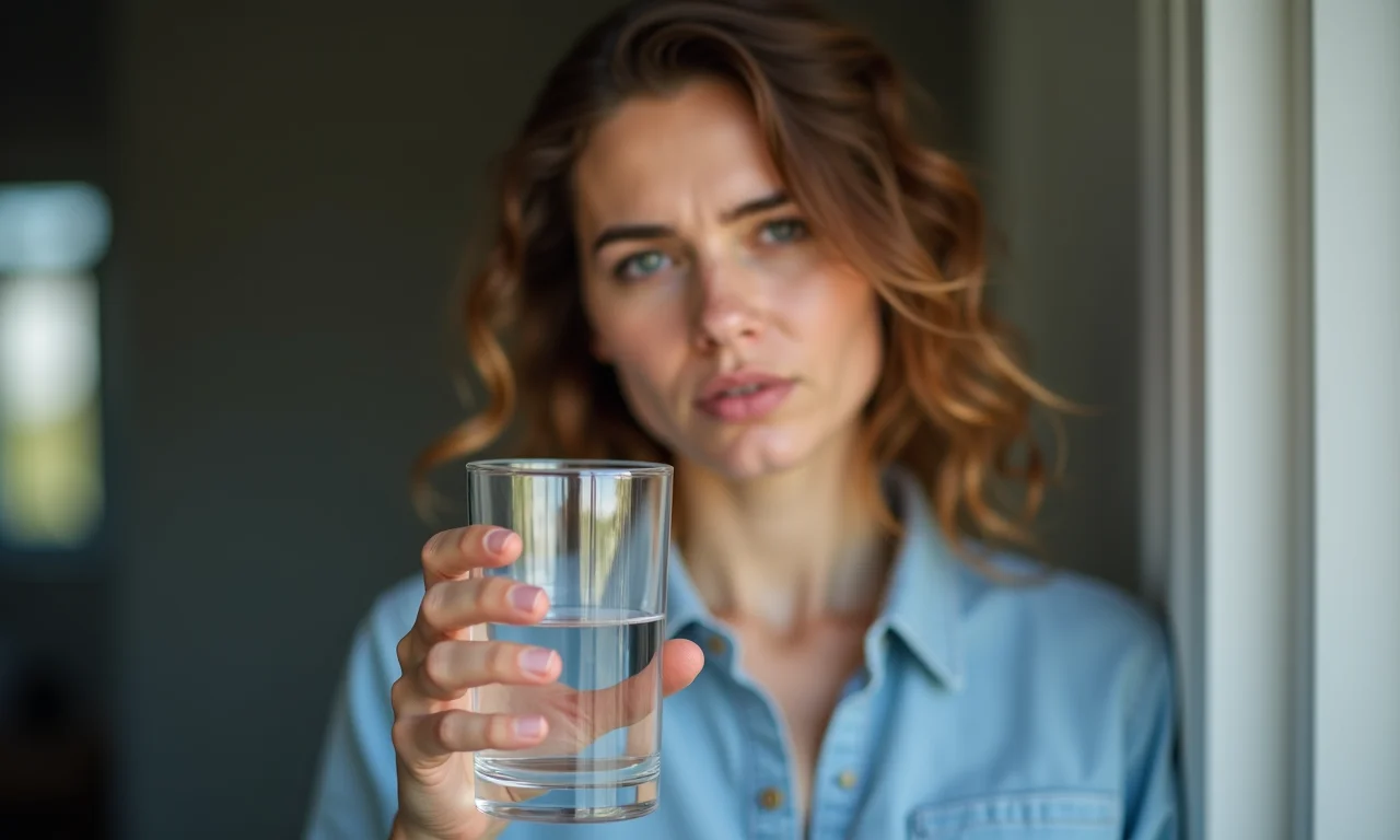 Pessoa com aparência cansada bebendo água.