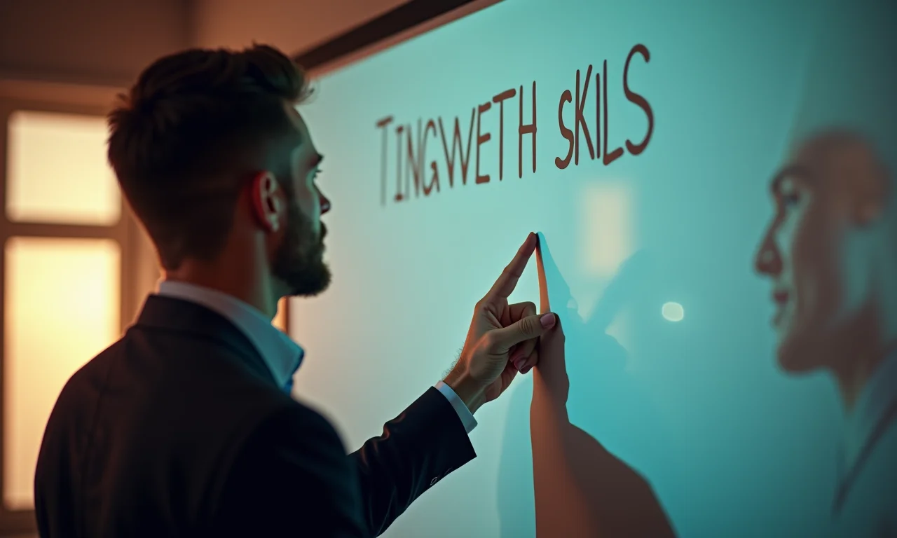 Pessoa destacando habilidades transferíveis na apresentação.