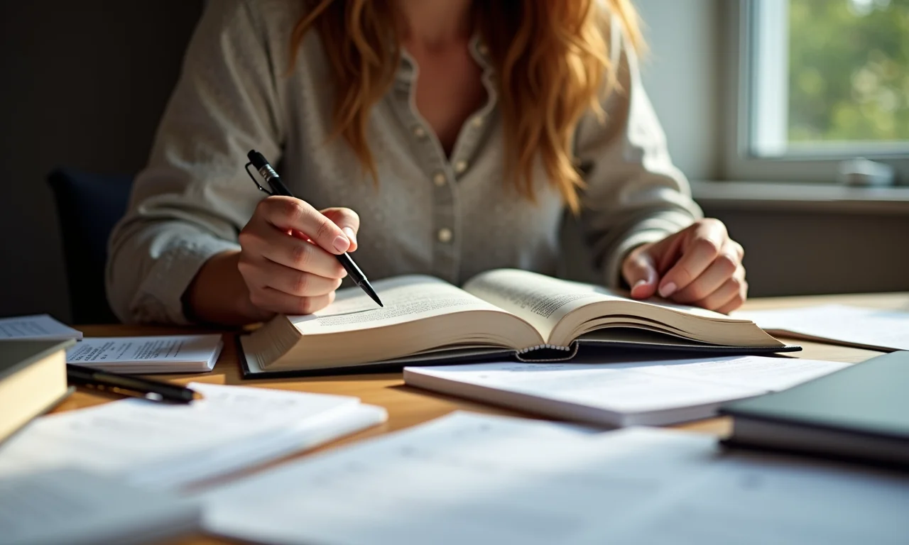 Pessoa escolhendo um tema para texto dissertativo em meio a livros e anotações.