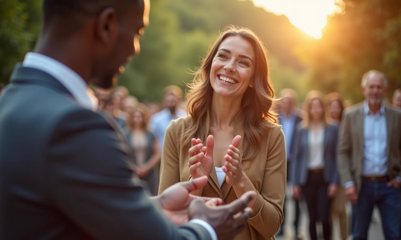 Pessoa expressando gratidão após uma apresentação.