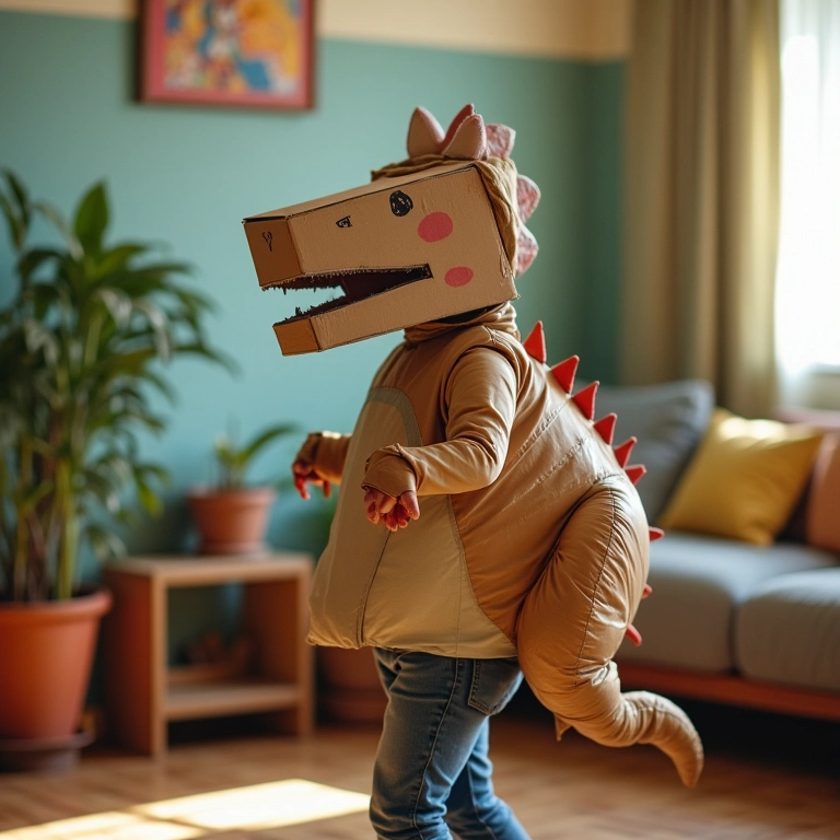 Pessoa fantasiada de dinossauro feita de caixas de papelão em sala colorida.