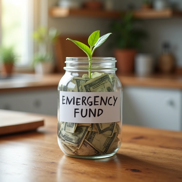 Pessoa guardando dinheiro em pote de vidro com rótulo 'Fundo de Emergência'.