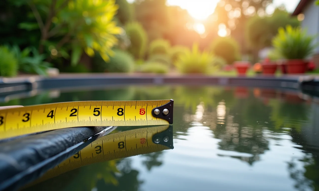 Pessoa medindo dimensões de lona para laguinho em um jardim ensolarado e vibrante.