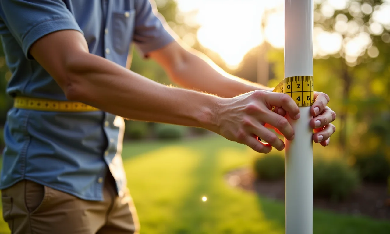 Pessoa medindo mastro de bandeira em jardim.