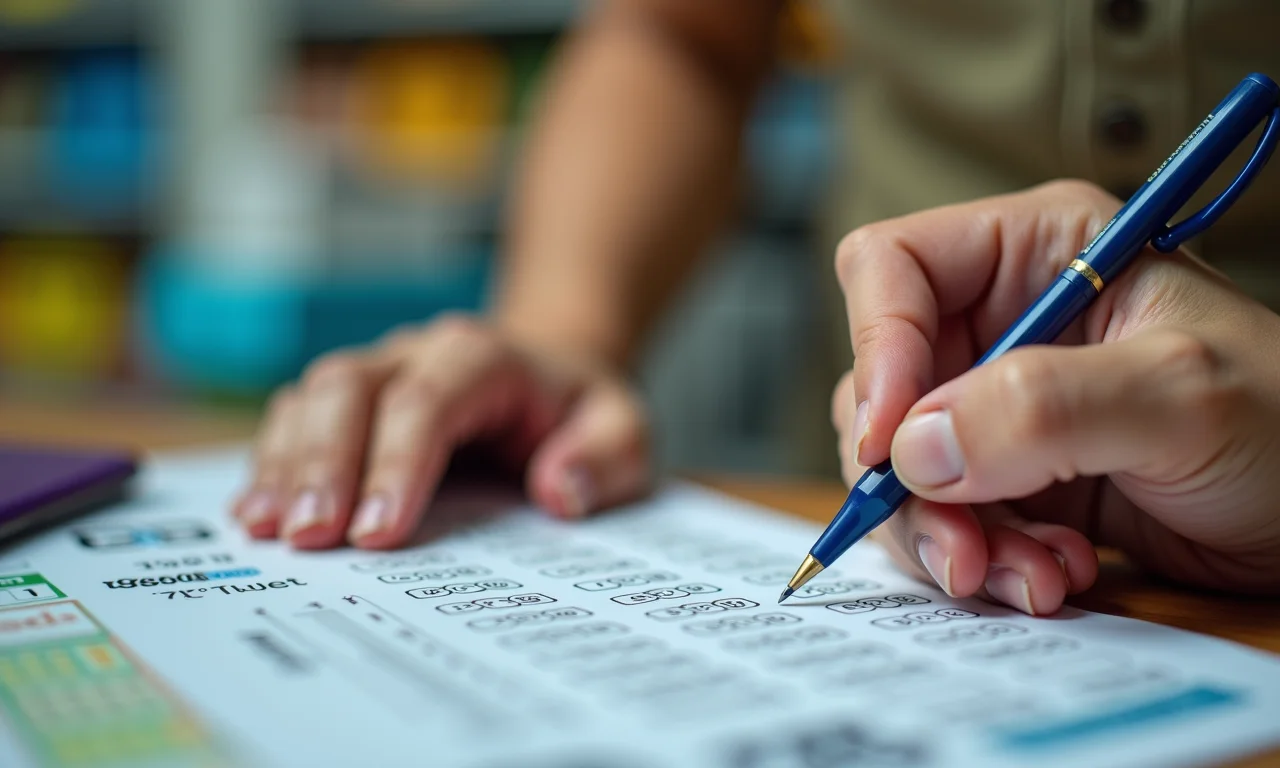 Pessoa preenchendo volante da Lotofácil em casa lotérica.