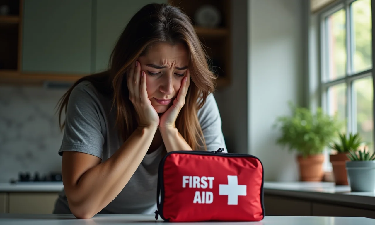Pessoa preocupada olhando para kit de primeiros socorros após desmaio.