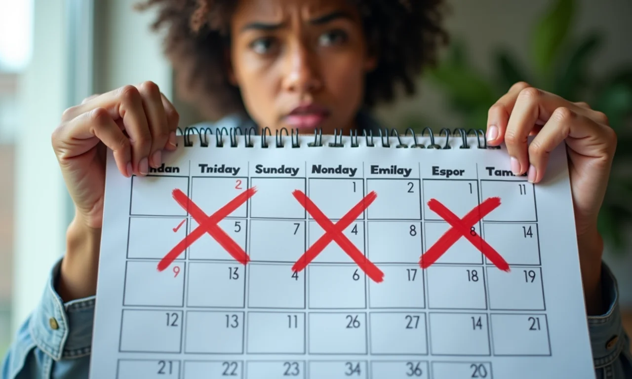 Pessoa preocupada olhando um calendário com dias de férias riscados.
