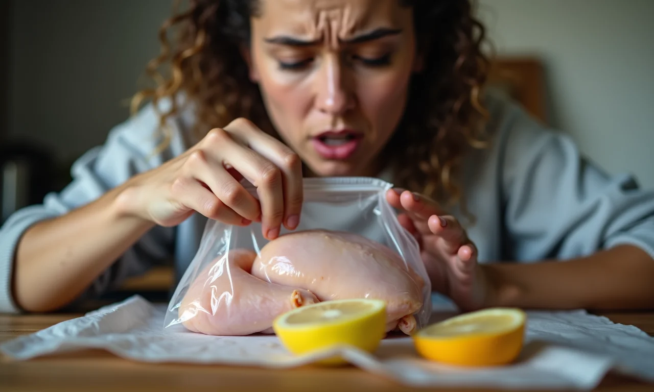 Pessoa retirando frango congelado da embalagem na cozinha.