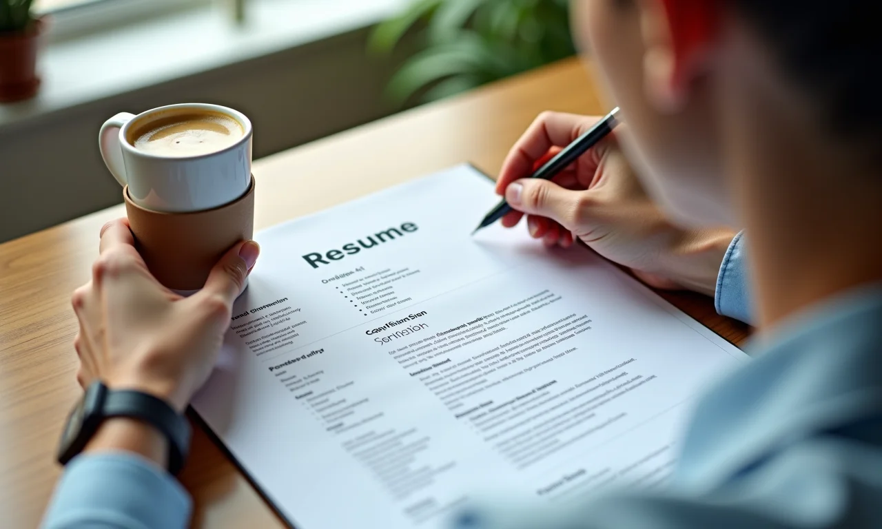 Pessoa revisando cuidadosamente o currículo.