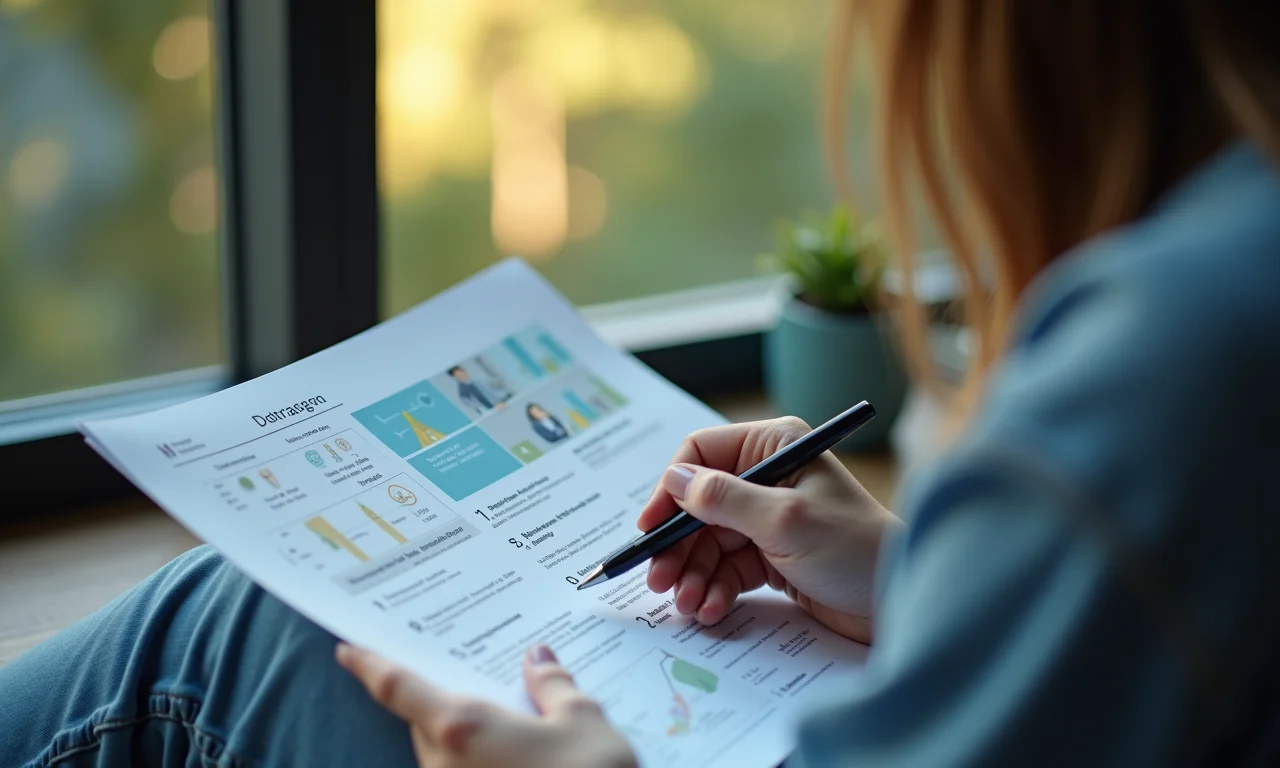 Pessoa revisando cuidadosamente uma apresentação.