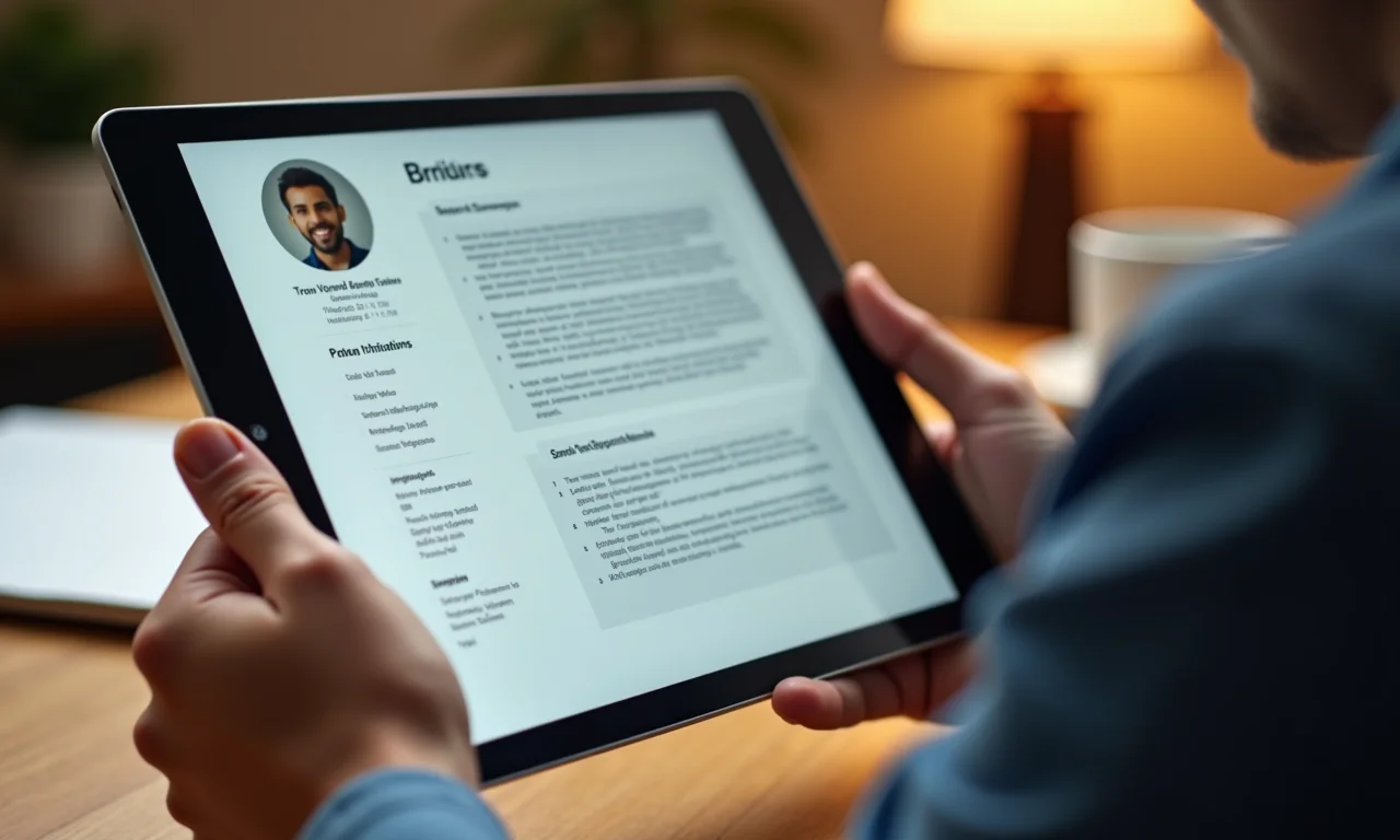 Pessoa se preparando para entrevista com currículo PDF em tablet.