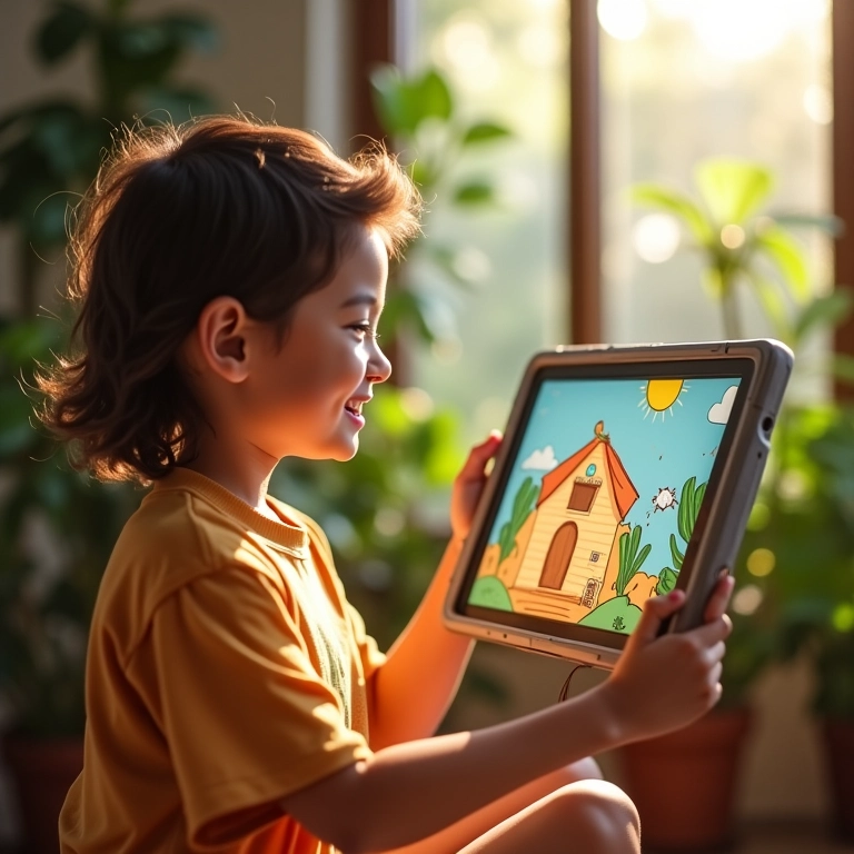 Pessoa sorrindo ao ver animação simples em tablet.