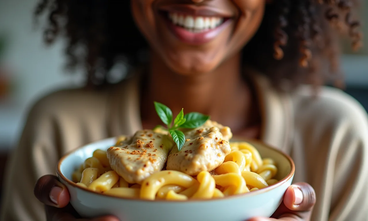 Pessoa sorrindo enquanto saboreia macarrão com frango e creme de leite.