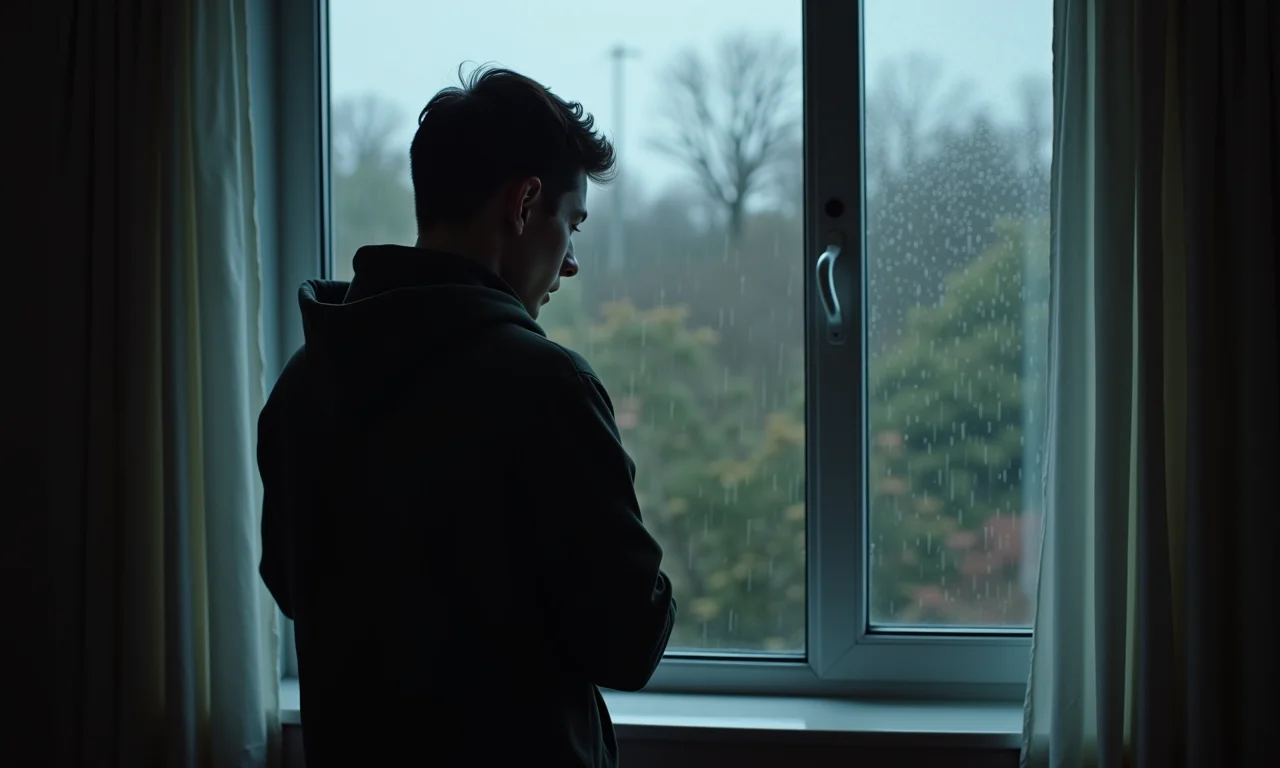 Pessoa triste olhando pela janela, chuva lá fora.