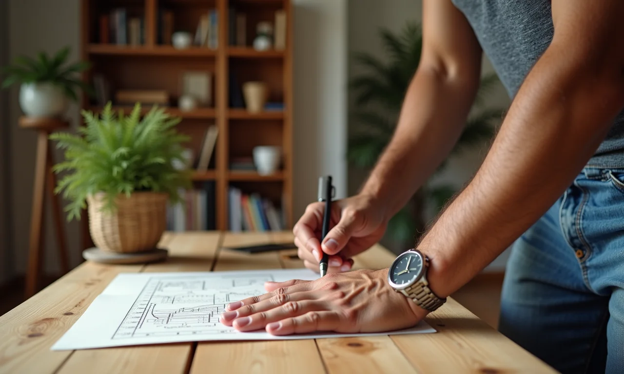 Pessoa usando o Teorema de Pitágoras em um projeto de DIY, calculando cortes de madeira.