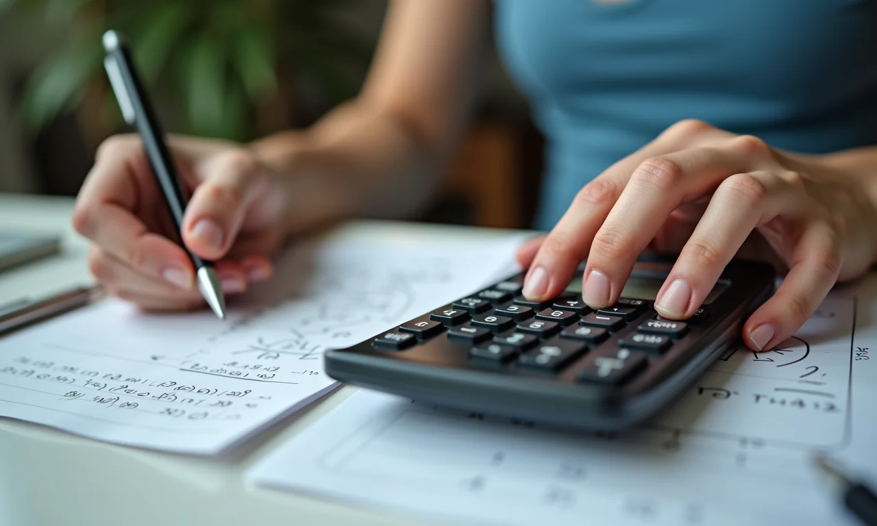 Pessoa usando uma calculadora científica para resolver um problema do Teorema de Pitágoras.