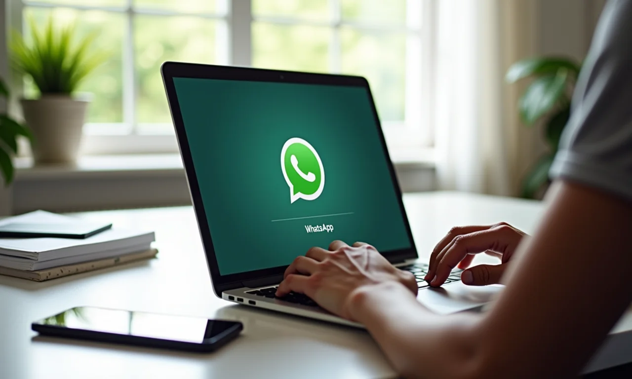 Pessoa usando WhatsApp Web em um laptop com um smartphone ao lado.