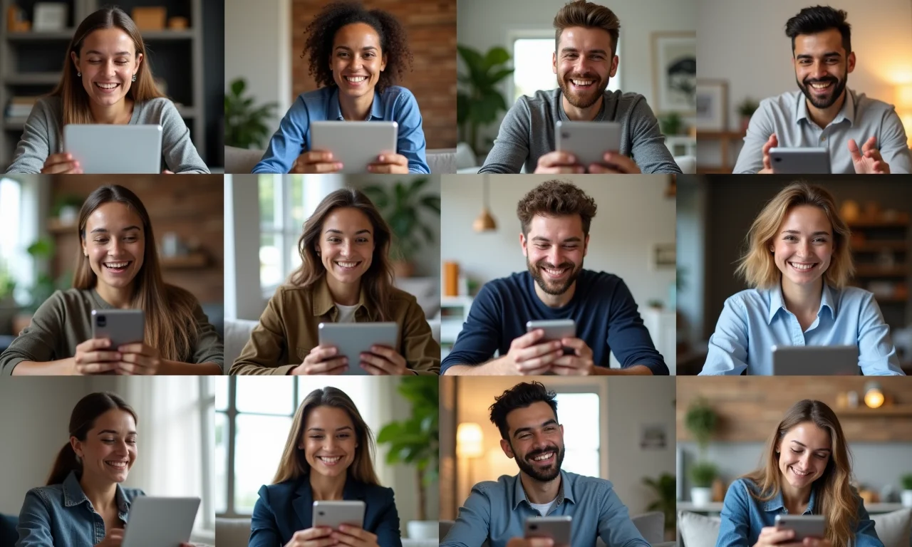 Pessoas diversas assistindo vídeos no Facebook em diferentes dispositivos.