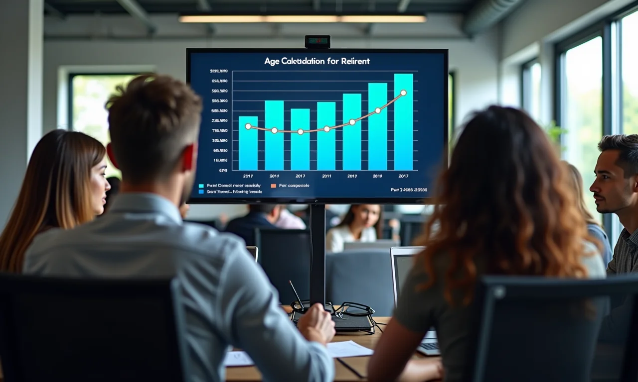 Pessoas diversas olhando para cálculo de idade para aposentadoria em tela digital.
