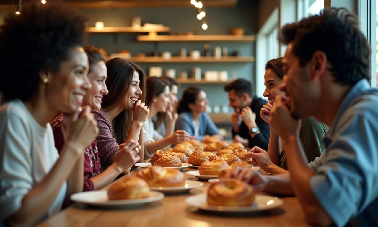 Pessoas saboreando Kouign Amann em padaria em São Paulo.