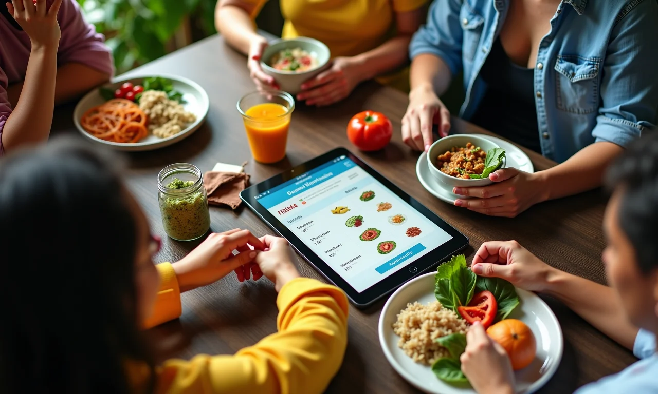 Pessoas usando aplicativo de cardápio inteligente para planejar refeições.