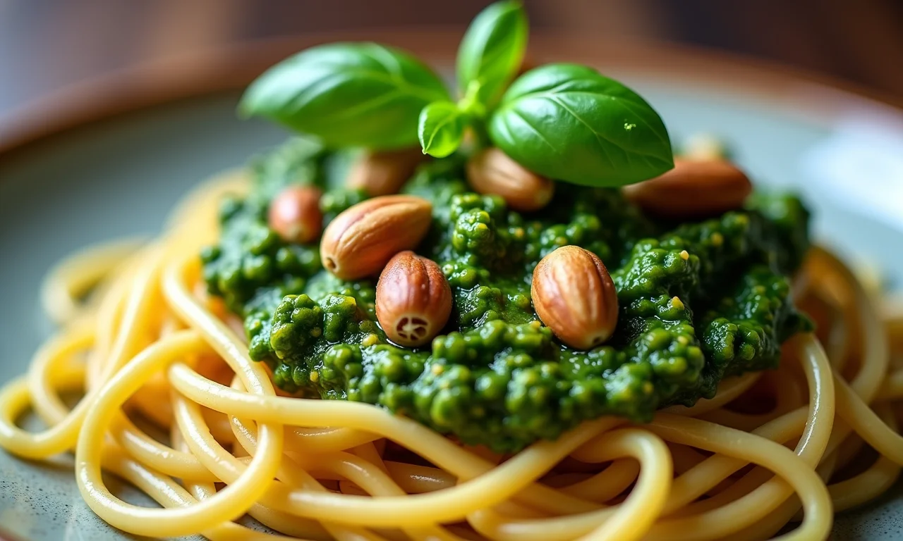 Pesto de baru sobre massa com castanhas e manjericão.