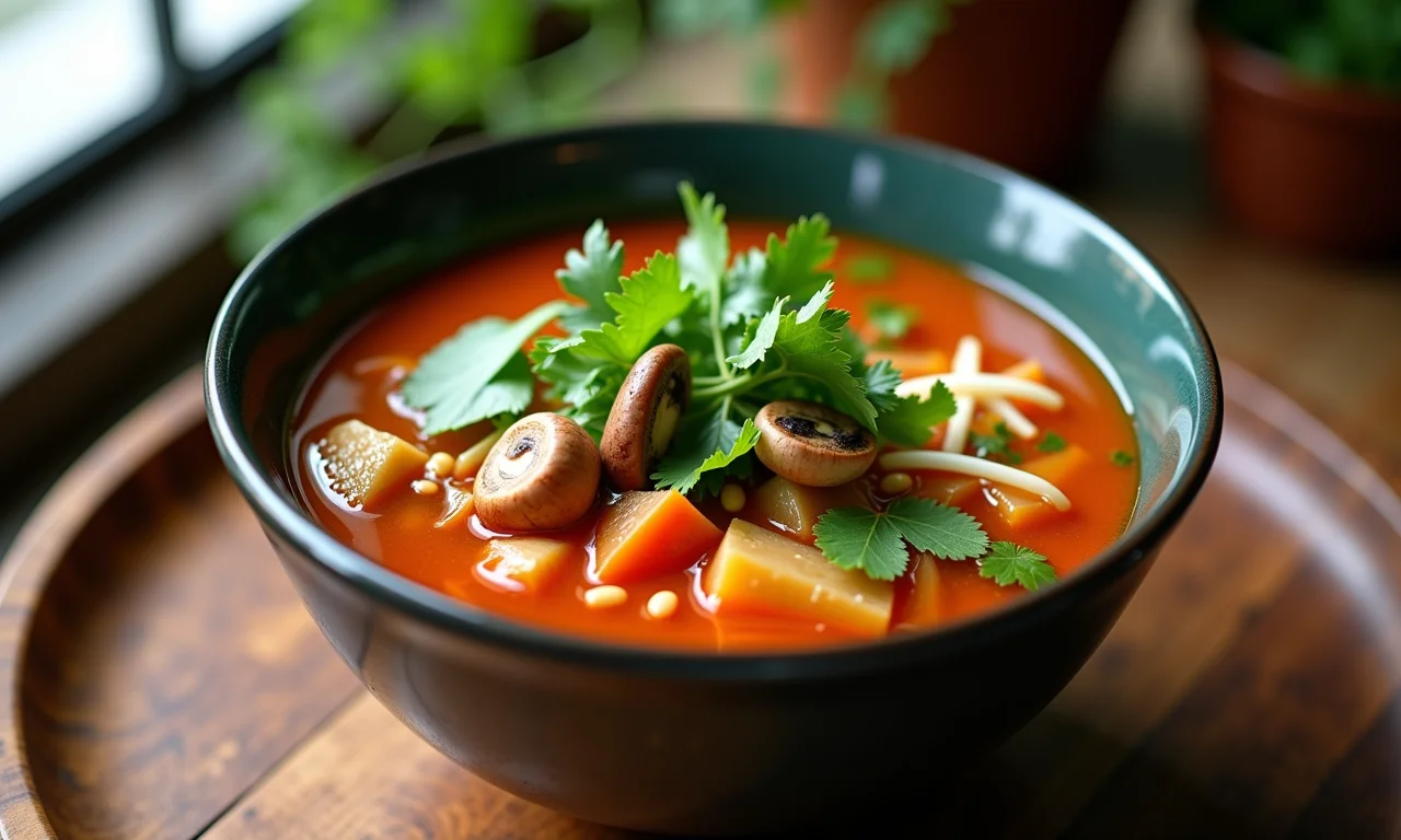 Pho bo vegano com tofu e cogumelos em um ambiente brasileiro.