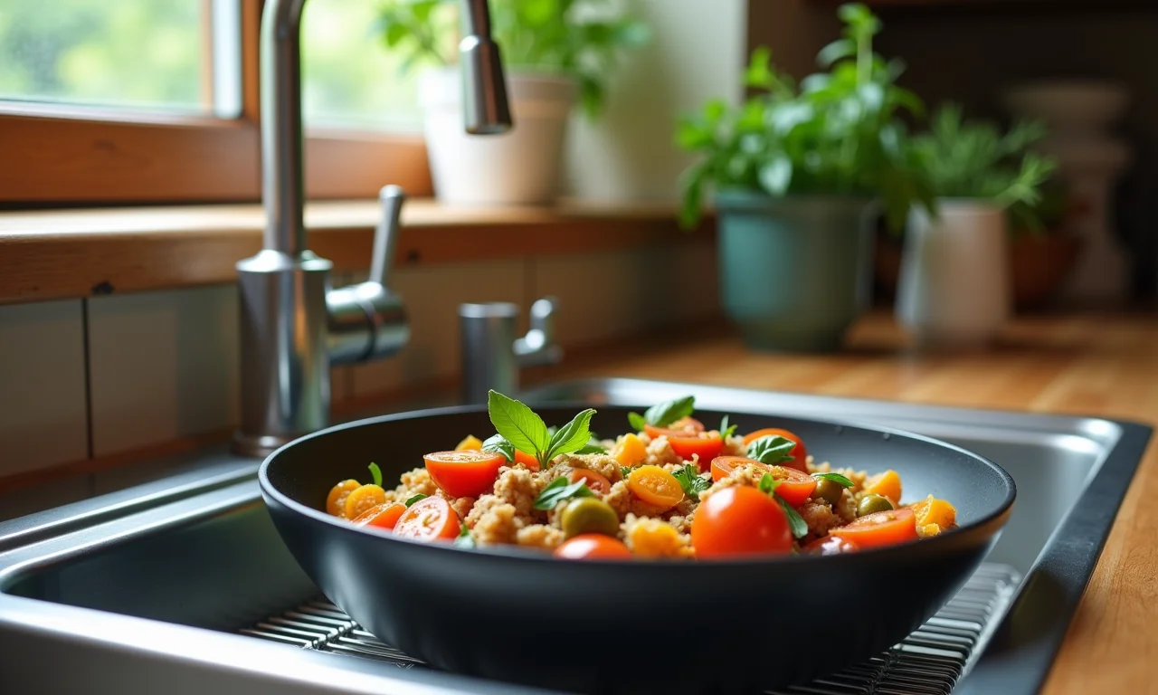 Pia limpa com poucos pratos ao lado de refeição em panela.