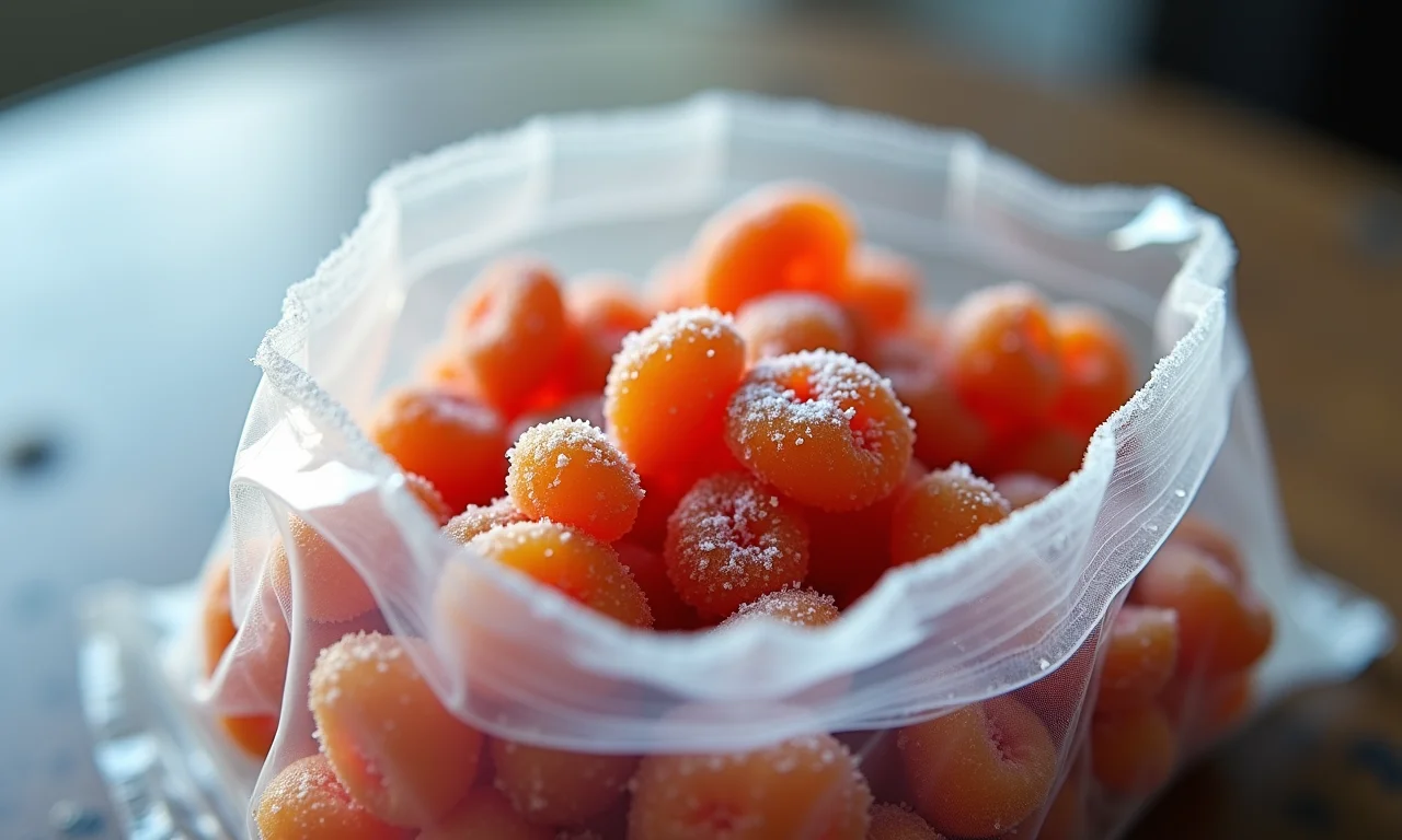 Picadinho congelado em saco plástico.