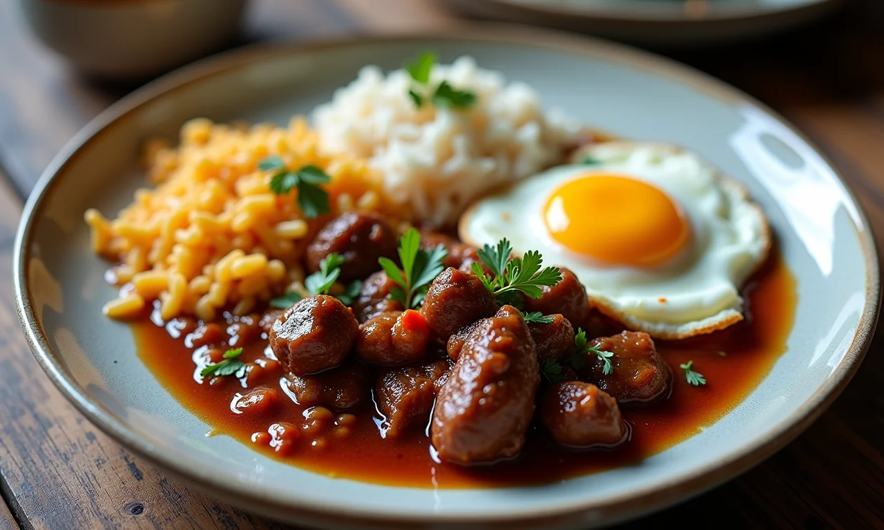 Picadinho de carne com arroz, farofa e ovo frito.