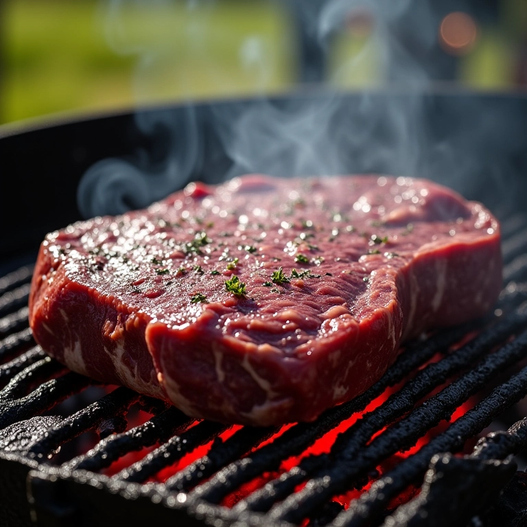 Picanha na churrasqueira com a gordura derretendo, estilo churrasco brasileiro.