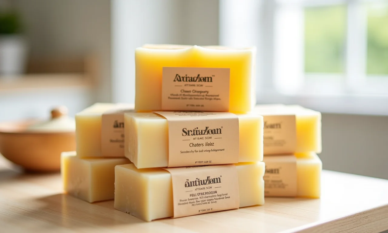 Pilha de sabonetes artesanais com etiquetas mostrando a data de validade.