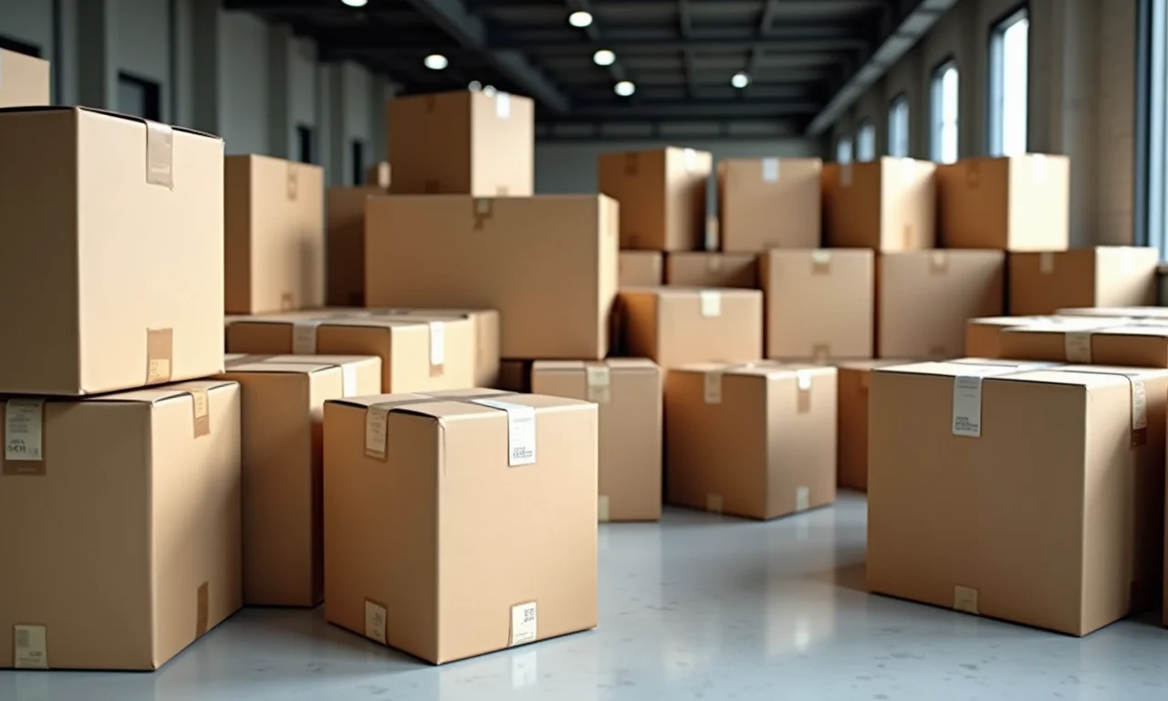 Pilhas de caixas de papelão em centro de reciclagem.