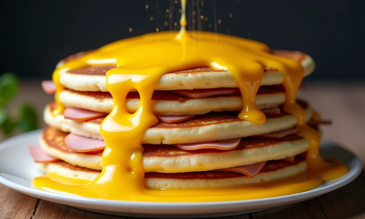 Pilhas de panquecas recheadas com queijo e presunto, queijo derretido.