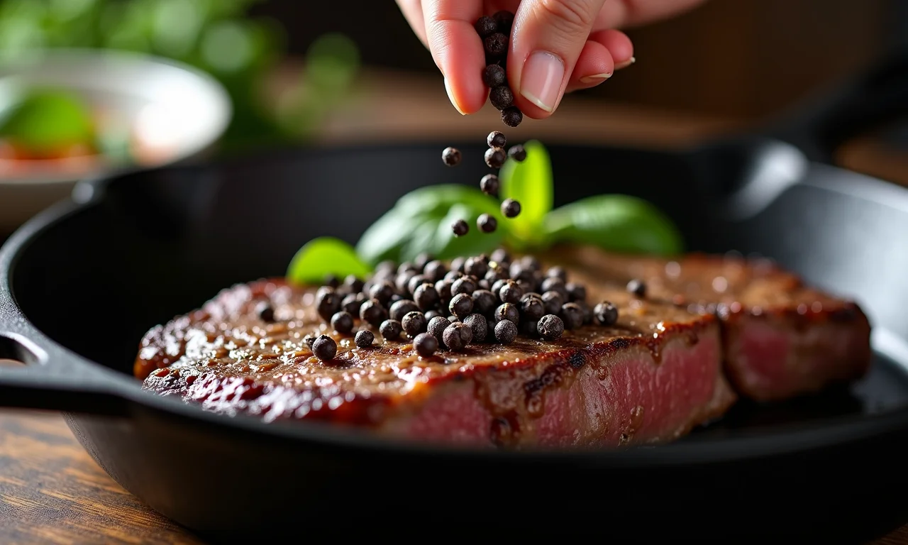Pimenta do reino moída sendo polvilhada sobre um bife.