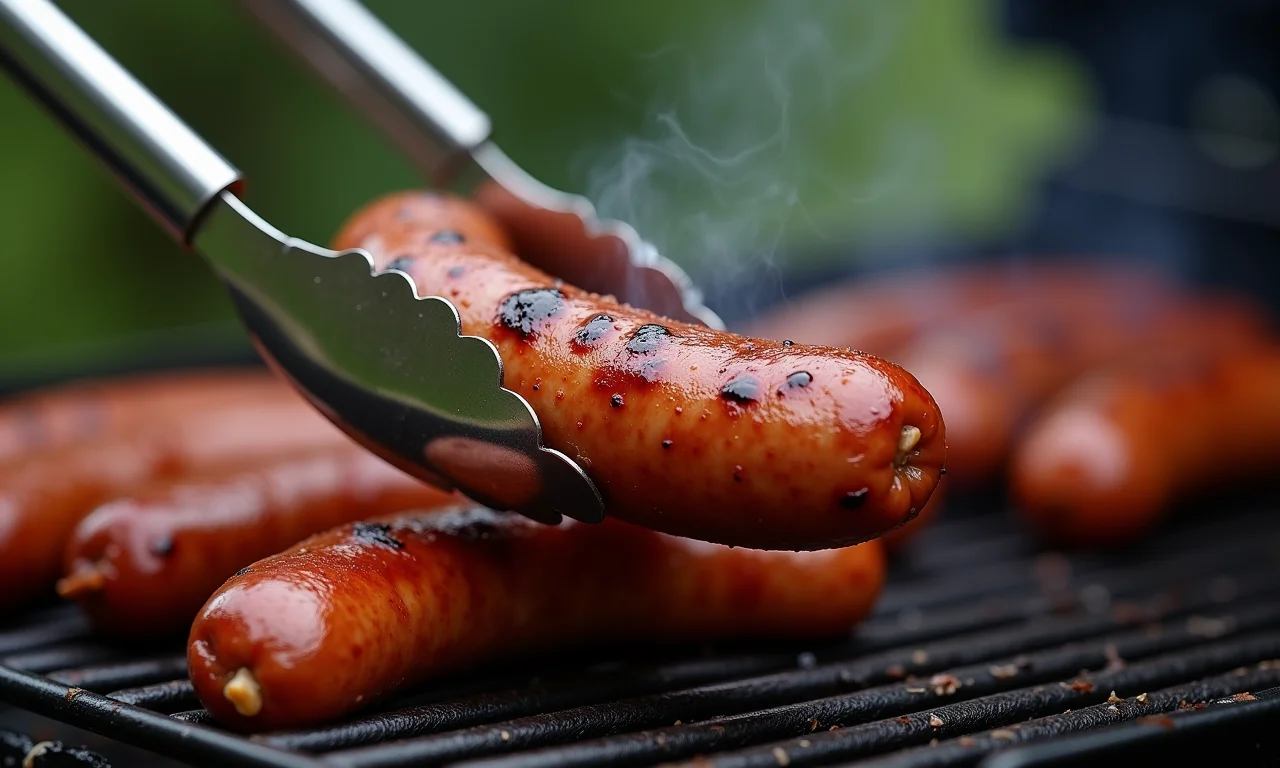 Pinça de churrasco de aço inoxidável segurando uma linguiça na grelha.