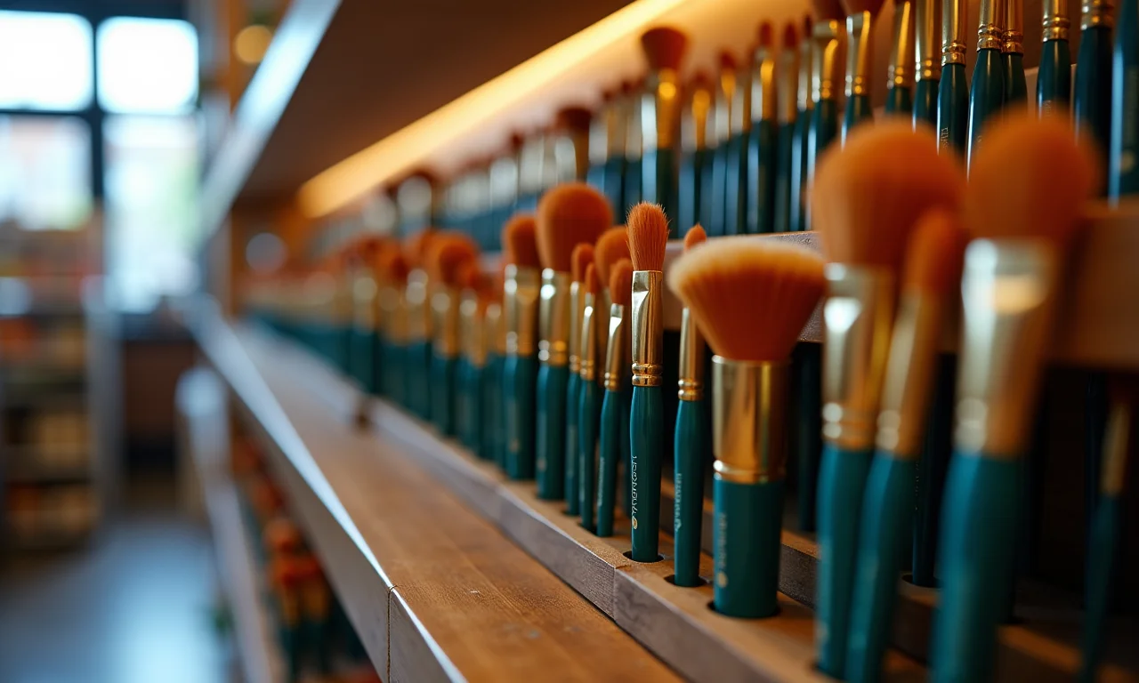 Pincéis Conda expostos em prateleira de loja de arte.