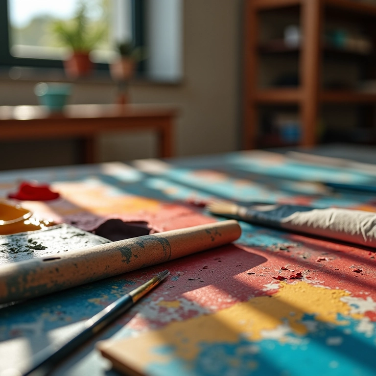 Pincéis, rolos e bandeja de tinta organizados.