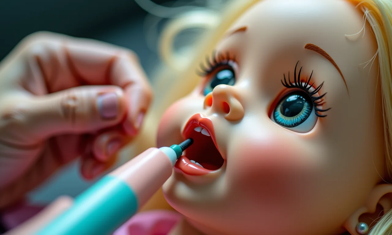 Pintando boca de boneca com canetas para tecido.