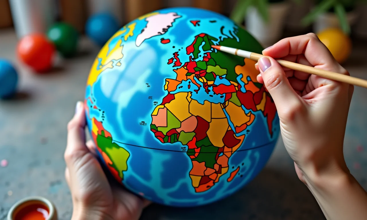 Pintando oceanos e continentes em um globo terrestre com cores vibrantes.