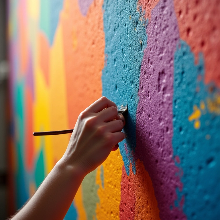 Pintando um padrão geométrico colorido na parede.