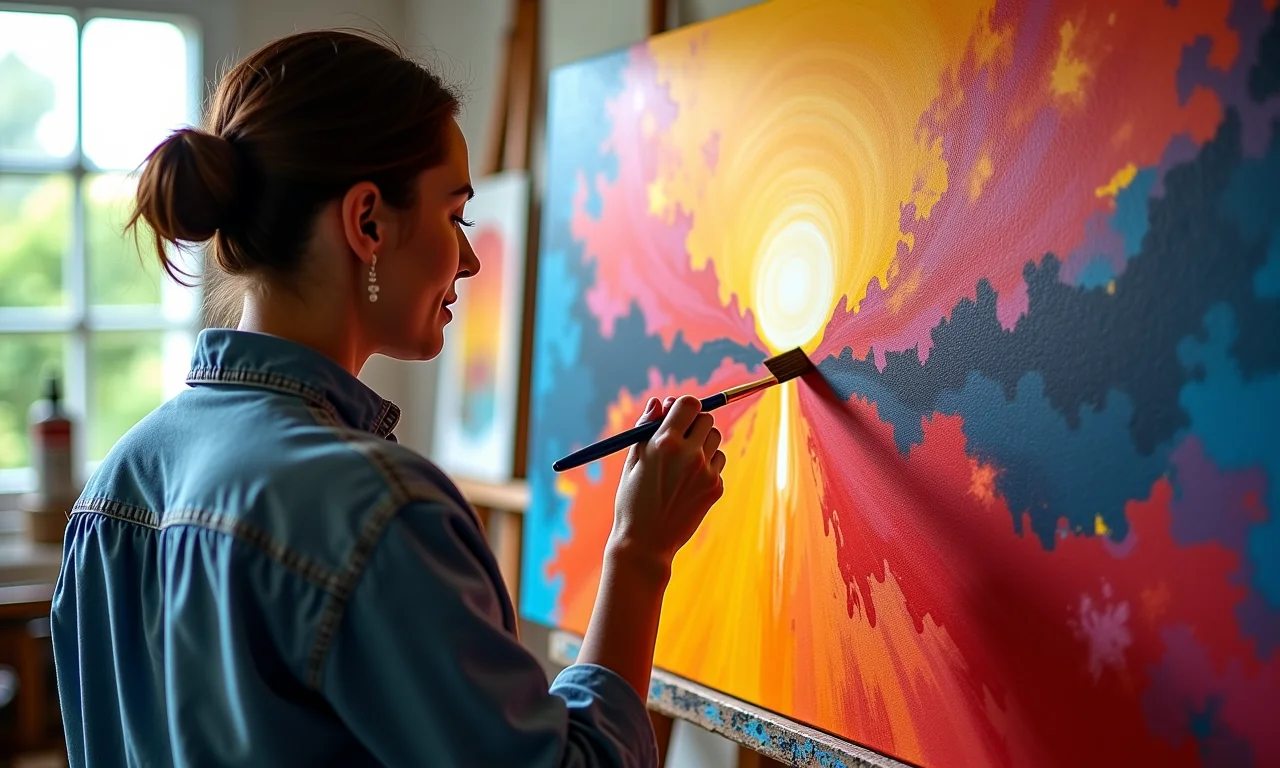 Pintura abstrata em andamento com cores vibrantes e pinceladas expressivas.