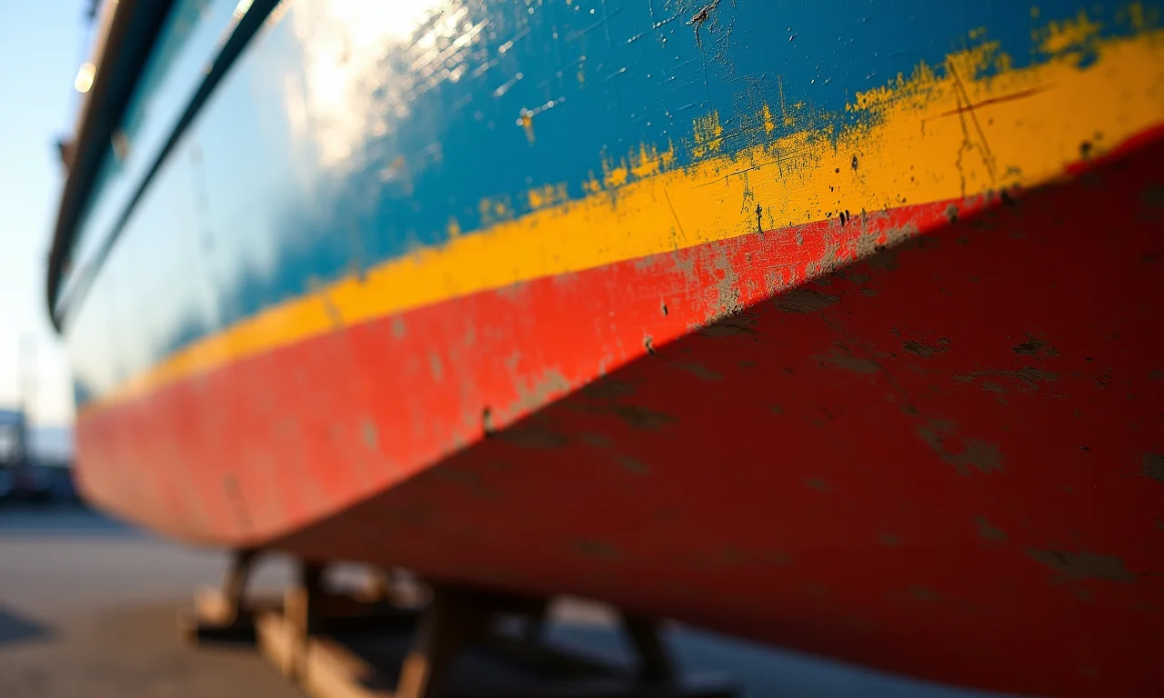 Pintura naval vibrante em casco de barco de chapa galvanizada.