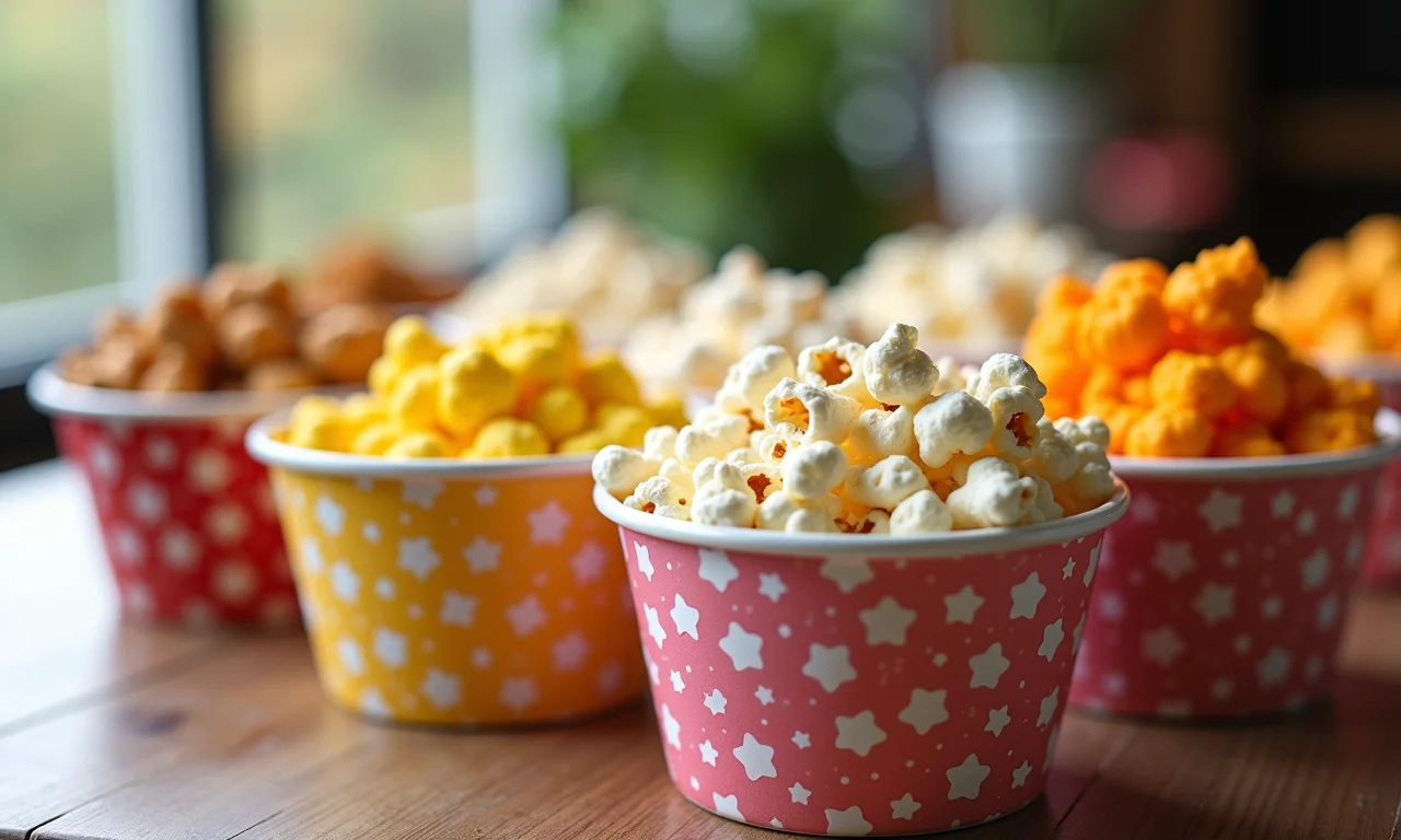 Pipoca gourmet em copos decorados para festa infantil.