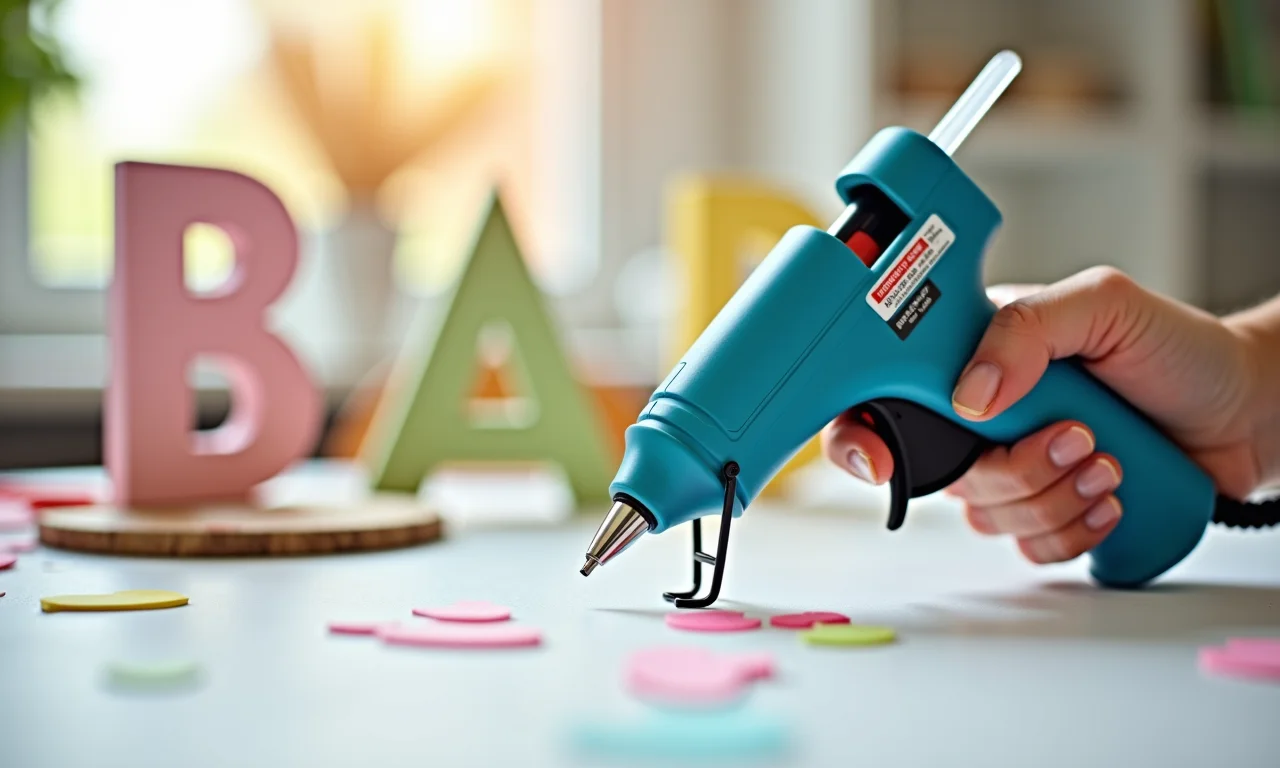 Pistola de cola quente em mesa de artesanato com decorações de bebê.